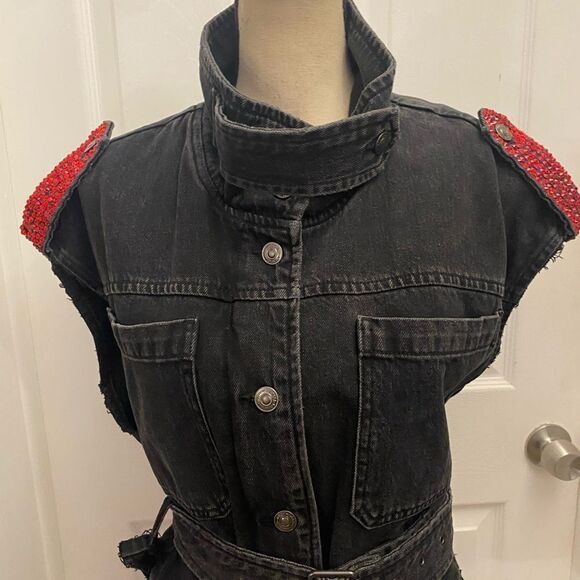Zara black denim red crystal embellished vest, M - Picture 2 of 9